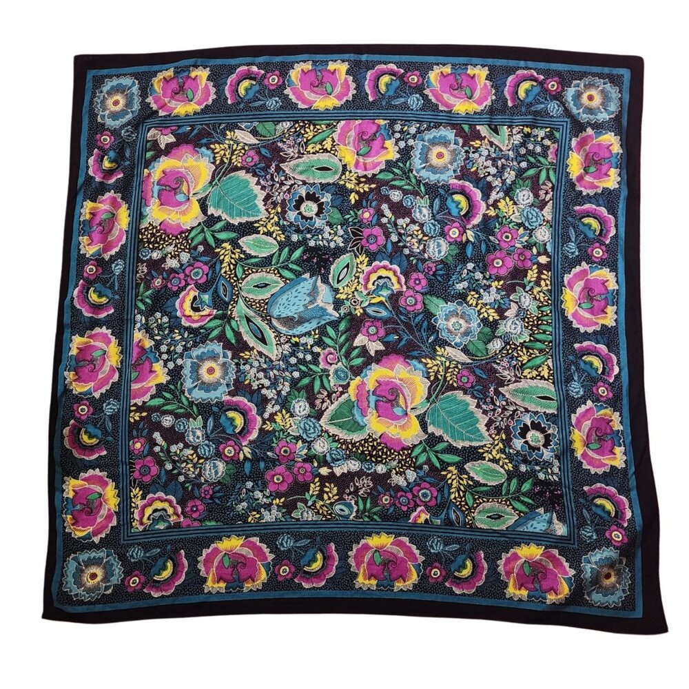 Vintage Black Pink Floral Scarf L Bandana Colorful Pattern Graphic Handkerchief